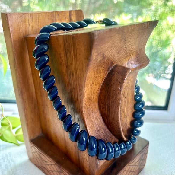 Vintage Napier Navy Blue Spiral Bead Choker Necklace, 80s Statement Jewelry - Picture 3 of 13